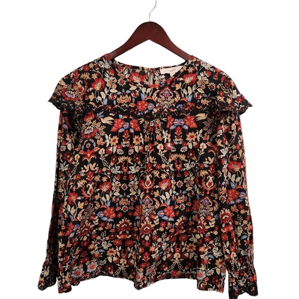 LOFT Forest Ruffle Scalloped Yoke Top Blouse Size XL - Picture 2 of 7